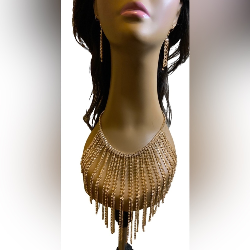 Rhinestone Fringe Statement Necklace Set - Picture 3 of 4